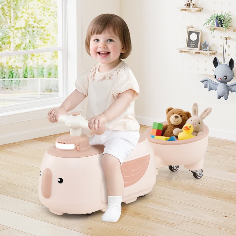 Toddler Ride On Car with Trailer 2-in-1 Foot-to-Floor Sliding Toy with Lights and Music - 28" × 9.5" × 12"