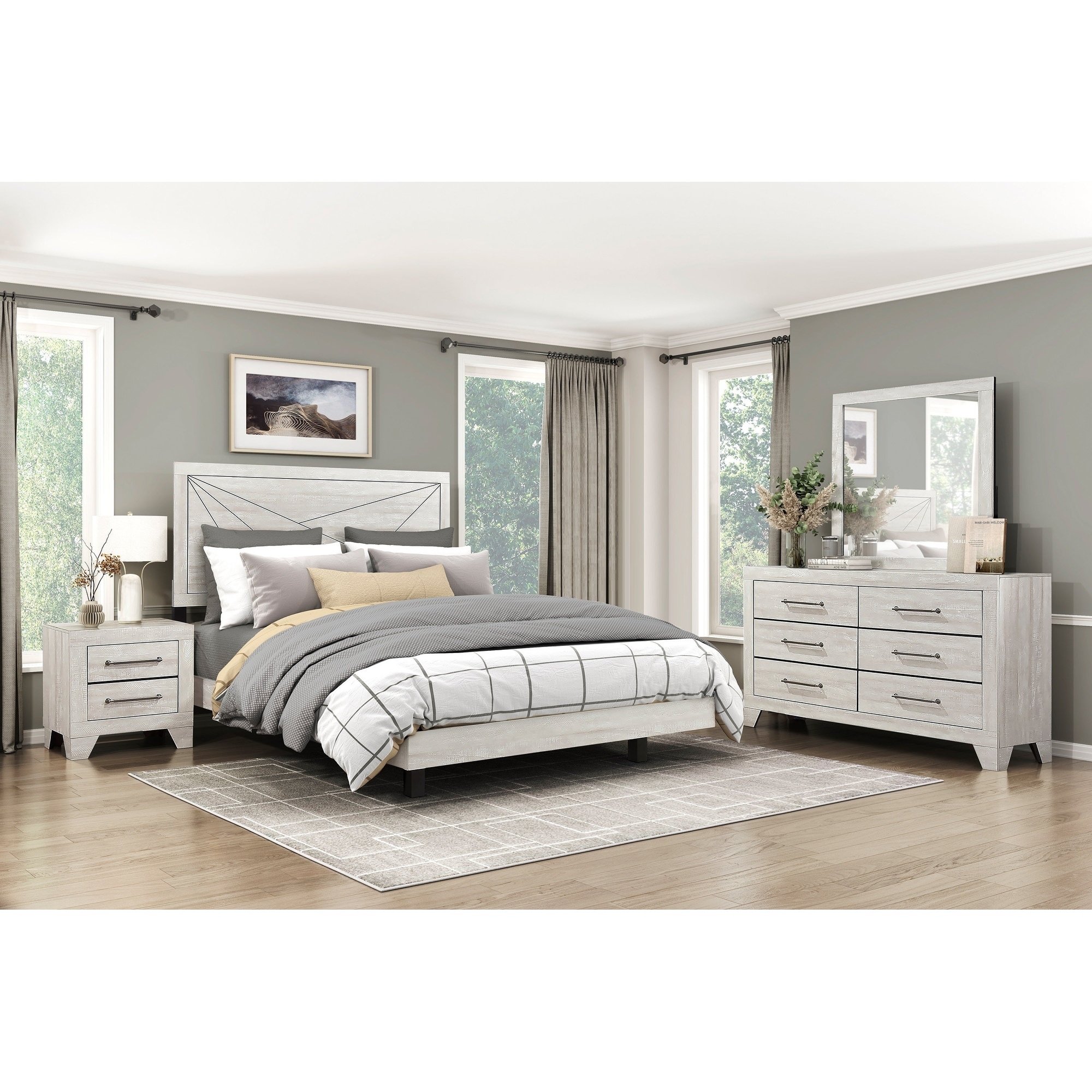 Modern Bedroom Furniture Set Gray Oak Finish Bed Dresser Mirror Nightstand