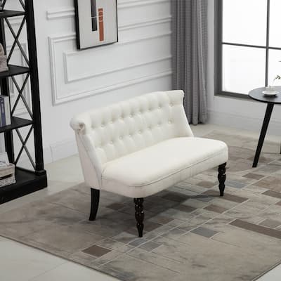 Cream White Linen Upholstered Loveseat Sofa with Curved Backrest and Button Tufted Design - 47.25" W x 26.5" D x 30.75" H