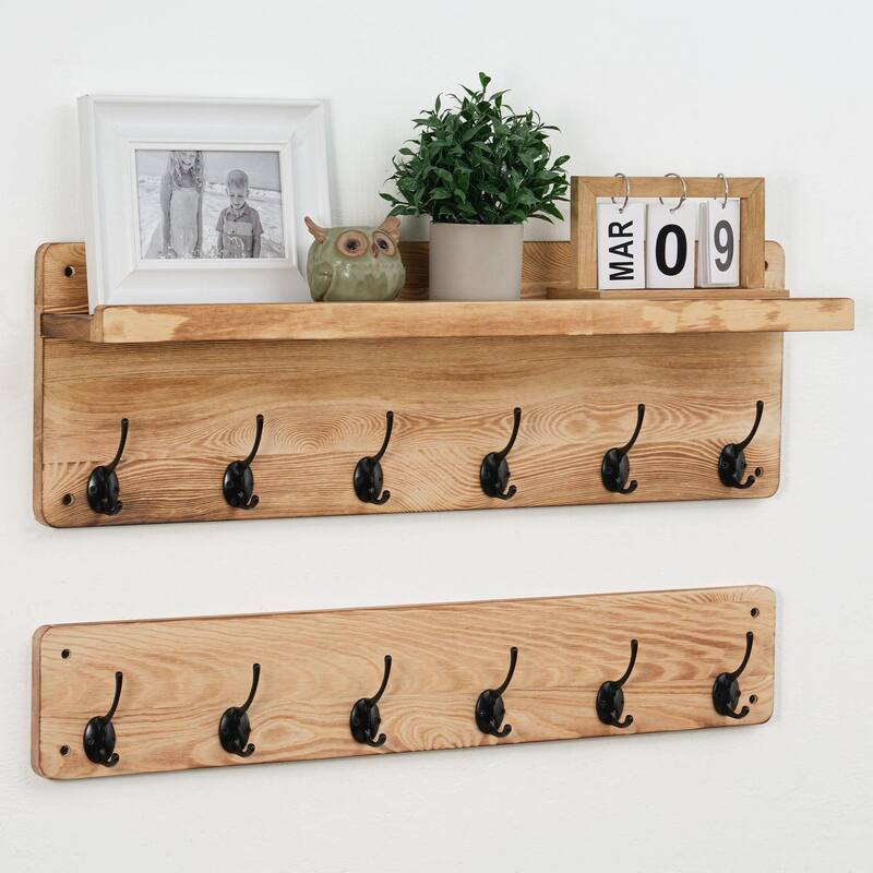 Solid Wood Wall 12 - Hook Coat Rack with Shelf - Brown