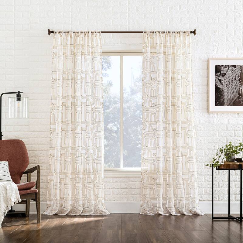 No. 918 Kaz Embroidered Retro Curves Sheer Rod Pocket Curtain Panel, Single Panel
