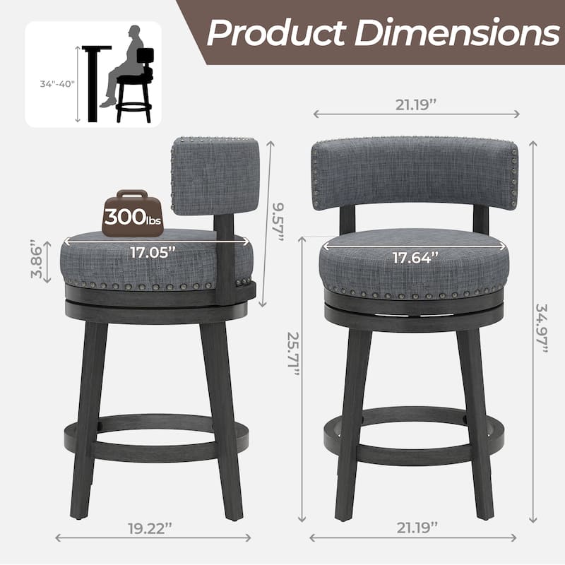 Modern Velvet Swivel Bar Stool - 25" or 30" Counter Height with Adjustable Footrest & Walnut Base, for Kitchen Islands