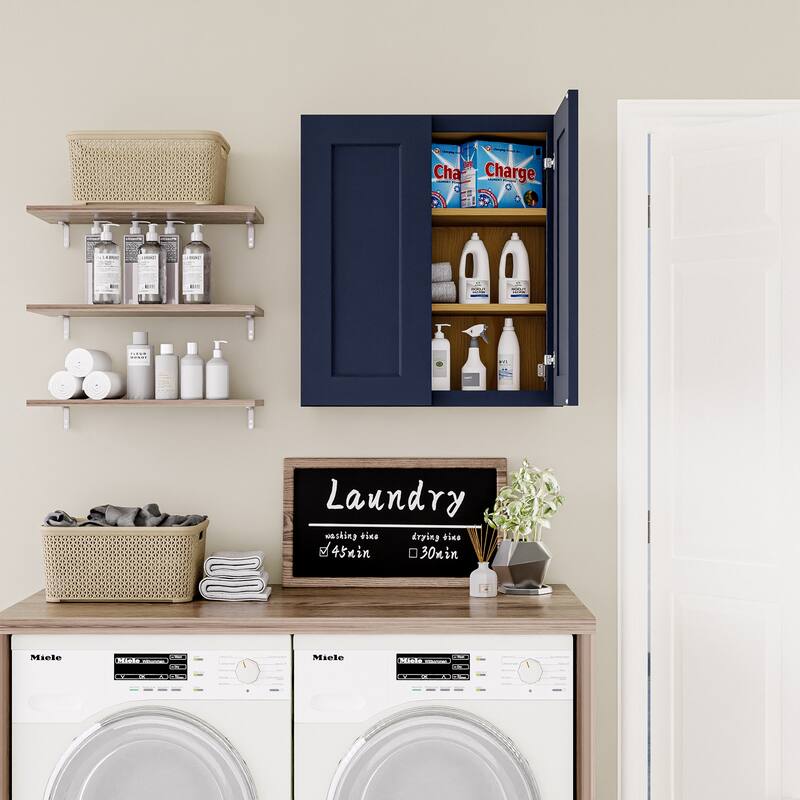 Navy Blue Shaker 30" Solid Wood Wall Cabinet, Soft Close Hinges, Adjustable Shelves, Double Door for Kitchen,Bath,Laundry