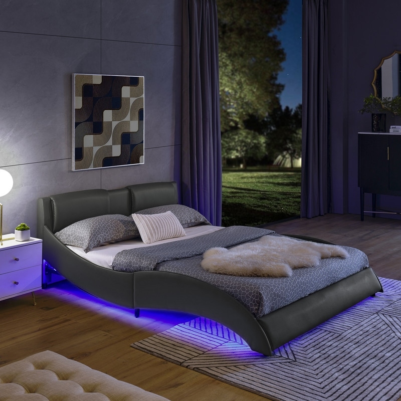Grey leather with led decoration strip light contemporary platform bed sale