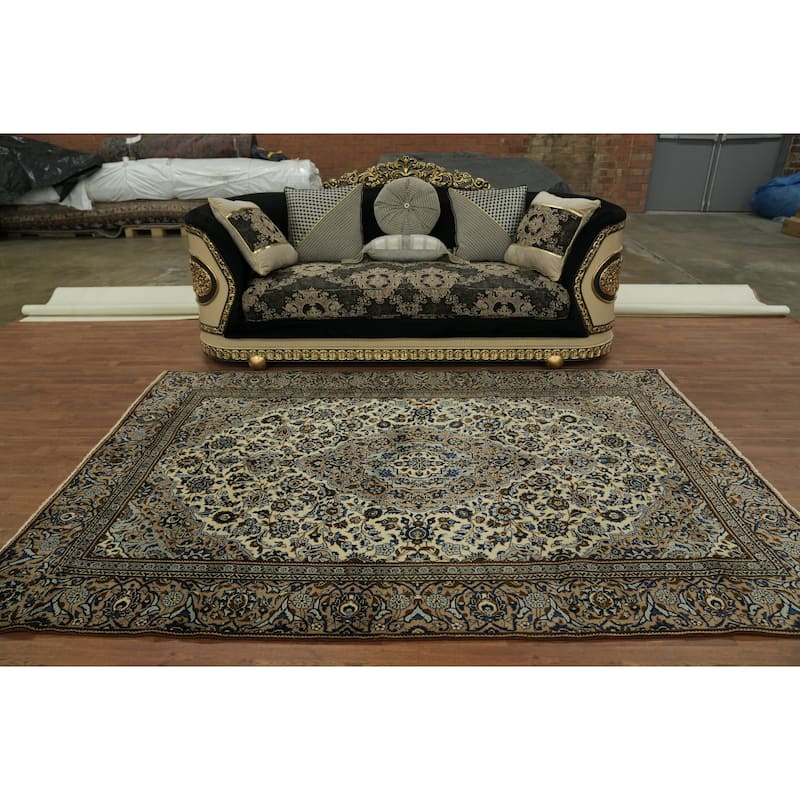 Hand Knotted Oriental 100% Wool Carpet Traditional Floral Beige & Ivories Kashan Area Rug - 9' 3'' X 6' 2''