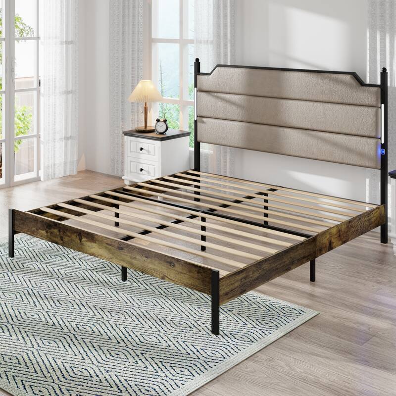 53.15" Tall Headboard Bed, Upholstered Headboard with Charging Station and LED, Heavy Duty Metal Platform Bed with Wood Slat
