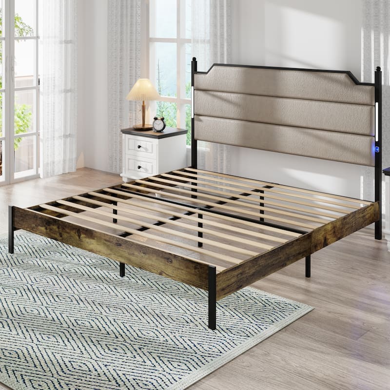 Bed Frame with Charging Station and LED Lights, Wood Slats