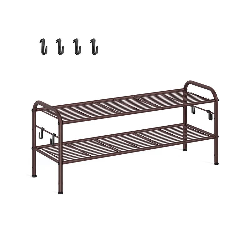 Moder Metal Shoe Rack Organizer with Shelf Storage with Side Hooks for Multiples Shoes Pairs - 2 Tier (11 x 33.5 x 13.7 Inches) - Chestnut Brown