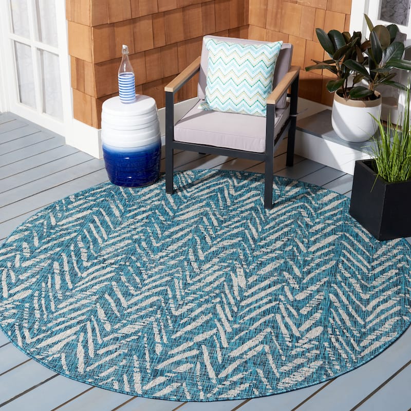 SAFAVIEH Courtyard Thin Indoor/ Outdoor Waterproof Patio Backyard Rug - 6'7" Round - Blue/Grey