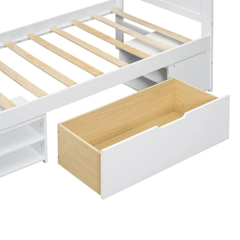 Platform bed with drawers and two shelves