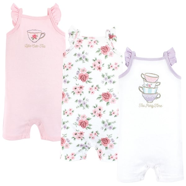 slide 1 of 1, Hudson Baby Infant Girl Cotton Rompers, Tea Party 0 - 3 Months - Pink