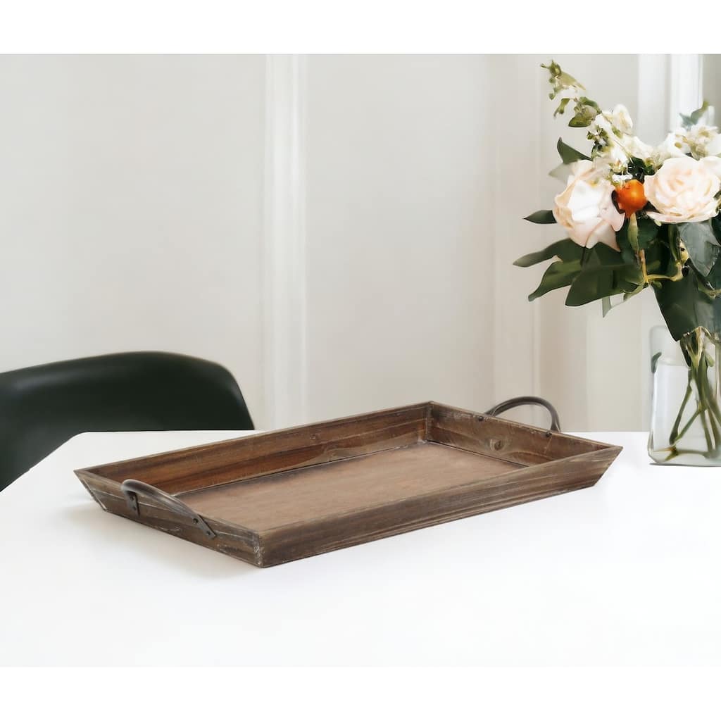 HomeRoots 19" Brown Wood Handmade Serving Tray With Handles
