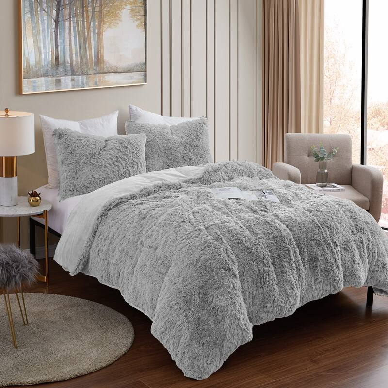 Long Plush Shaggy Comforter Set - Silver - Queen