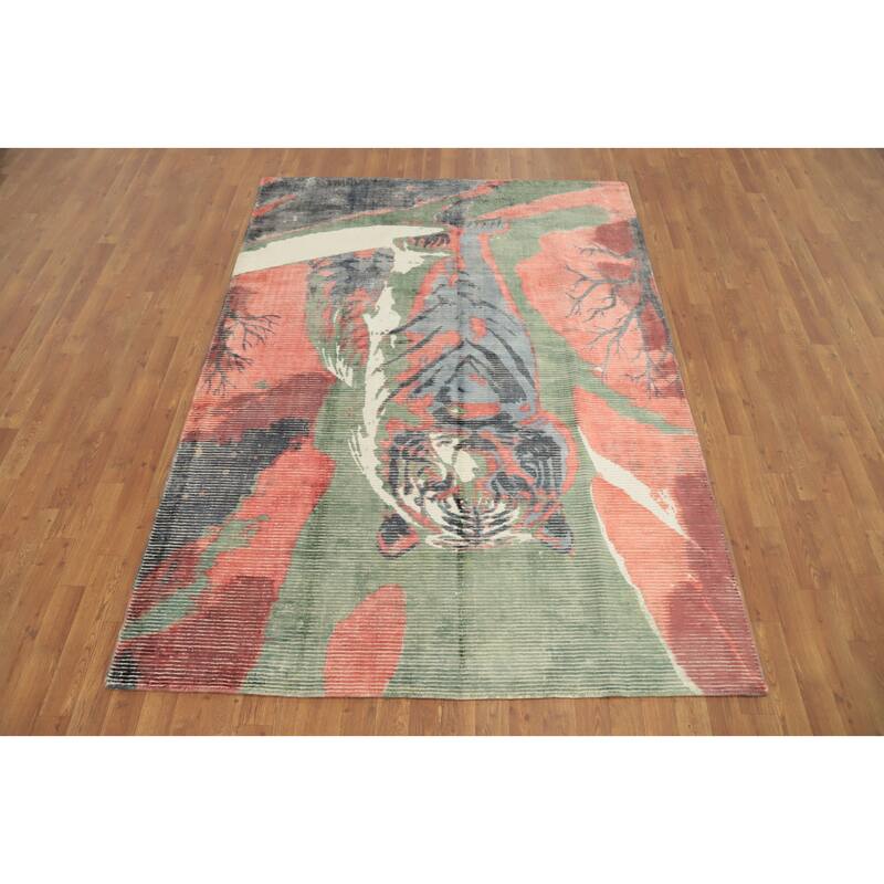 Hand Knotted Oriental Viscose Silk Carpet Modern Pictorial Multi-Colored Abstract Area Rug - 7' 8'' X 5' 6''