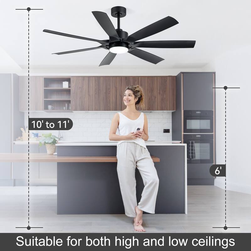 60" Mattle Black ABS 7-Blade LED Ceiling Fan with Light and Remote