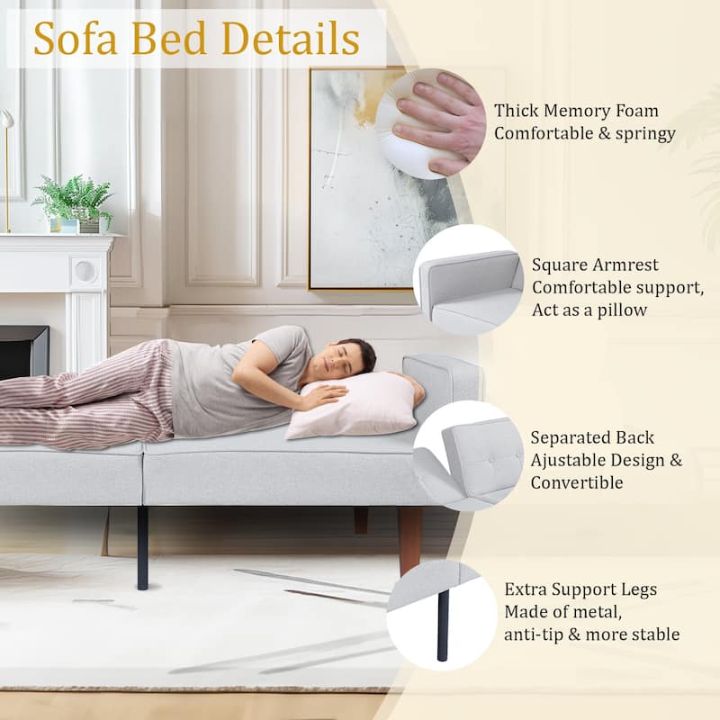 68 in. Twin Size Convertible Sofa Bed Couch w/ Tufted Adjustable Backrest, 5 Colors Optional - 22.44"D x 68.11"W x 28.74"H