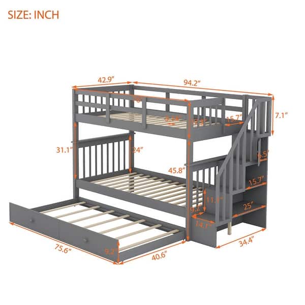 Twin-over-Twin Bunk Bed with Twin size Trundle for Bedroom, Dorm, Adults