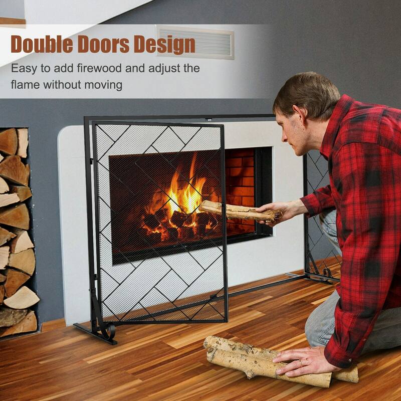 3-Panel Folding Wrought Iron Fireplace Screen with Doors and 4 Pieces Tools Set - 44.5" x 16" x 33.5" (L x W x H)
