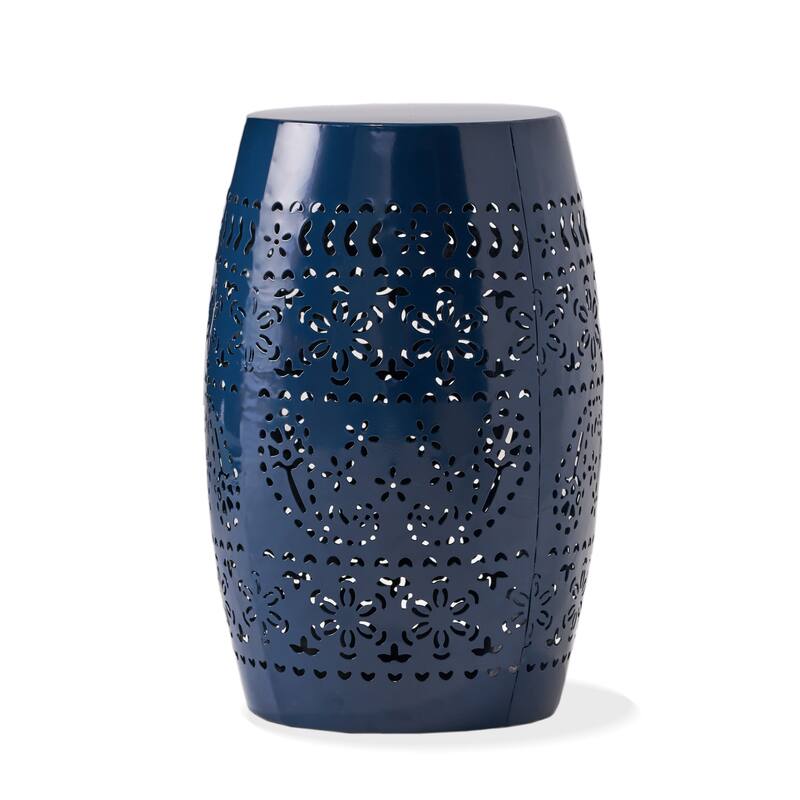 Side Table, Lace Cut Metal End Table for Outdoor & Indoor Use, Barrel Shape Accent Table, No Assembly Needed
