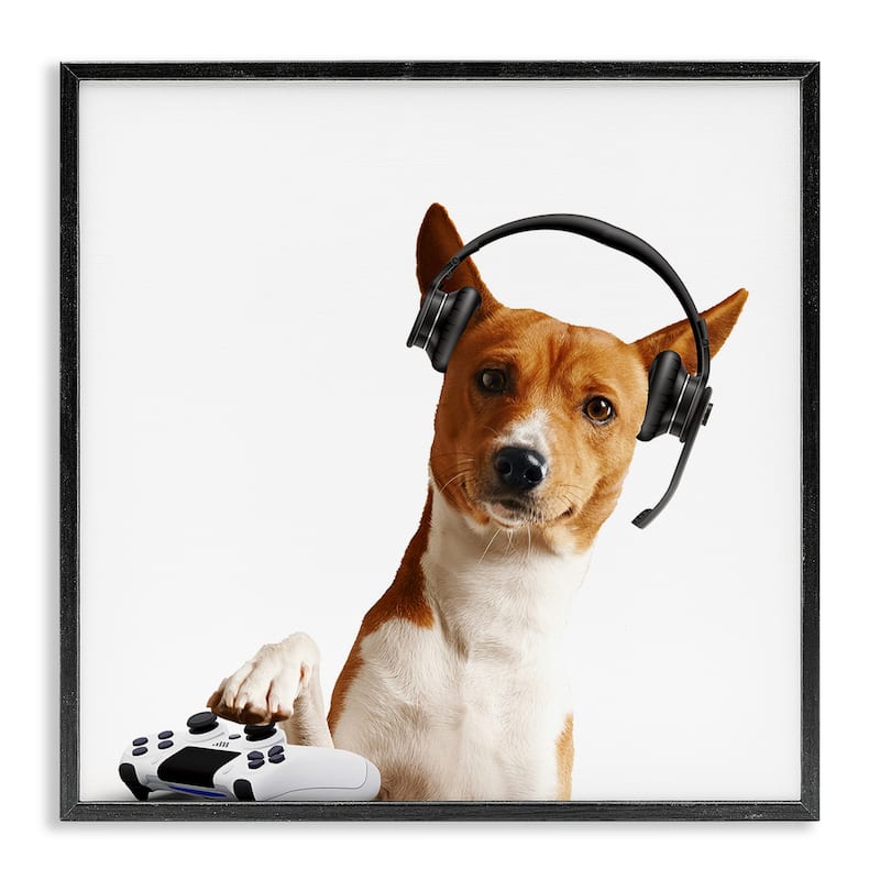 Stupell Gaming Dog with Headset Framed Giclee Art Design By CAD Designs - 17 x 17 - Black