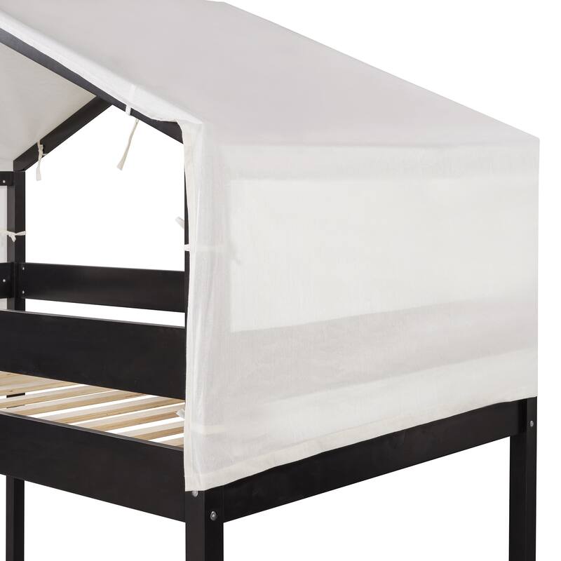 Twin Over Twin Wood Bunk Bed with Play Tent and Espresso Solid Wood, 250lb Capacity, Fun House Design for Kids