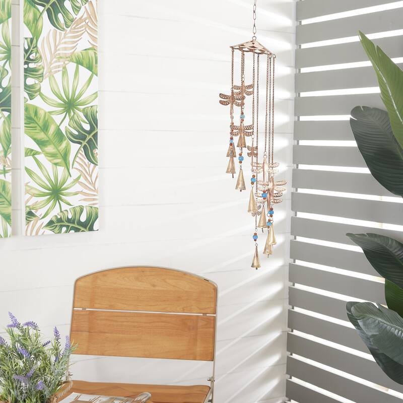 Metal Dragonfly Indoor Outdoor Windchime with Glass Beads and Cone Bells - Brass - Roche River Decor