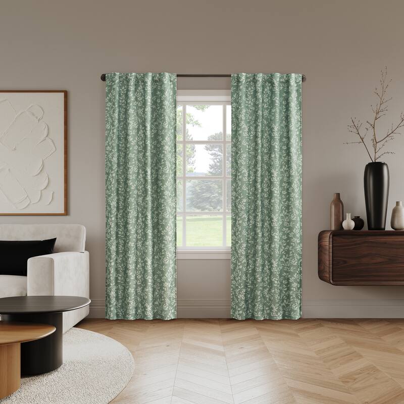 Sun Zero Estelle 2-Piece Foliage Woven Jacquard Total Blackout Back Tab Curtain Panel Pair