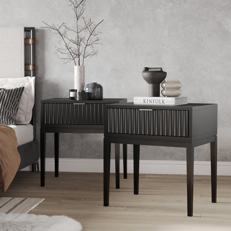 Jasper Mid-Century Modern Nighstand, Side Table with Storage and Fluted Drawer Doors with Brass Handles - Black Oak - Set of 2