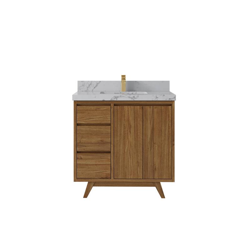 Willow Collections 36 in. W x 22 in. D Madison Teak Center Sink Bathroom Vanity with Countertop - 2"Venatino Quartz - Gold Teak