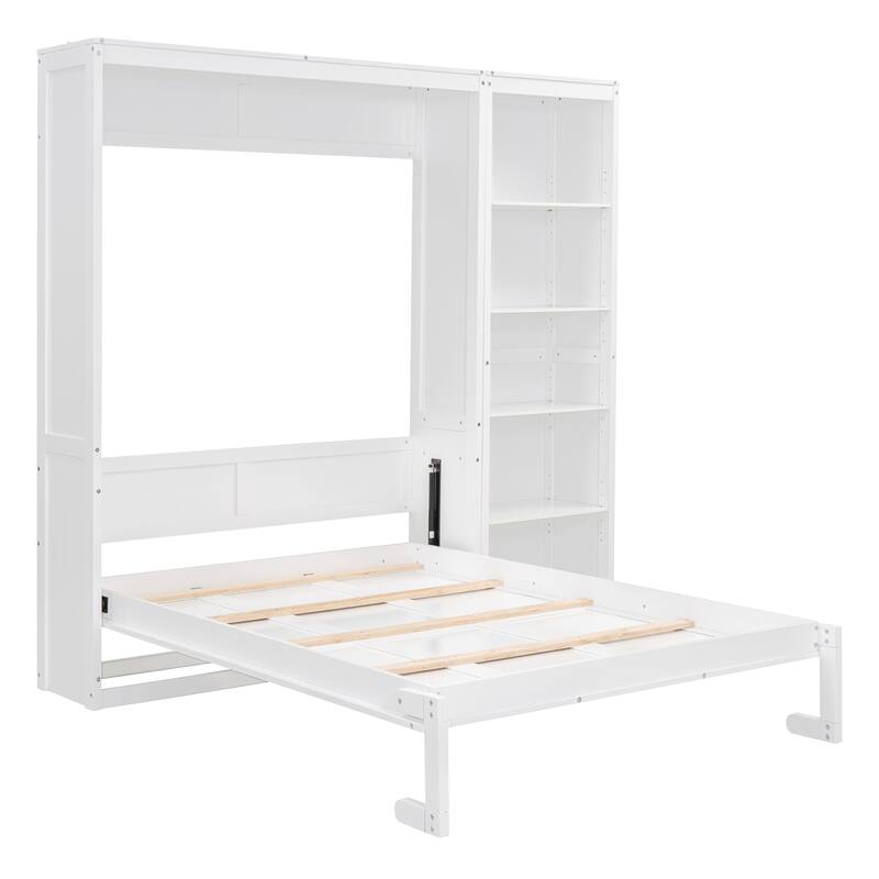 Space Saving Murphy Bed Wall Bed with 5 Layer Storage Shelves, Wood Foldable Platform Bed Frame, No Box Spring Needed