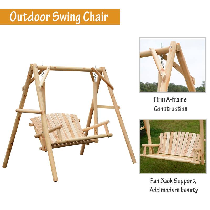 Outsunny 6.5' Outdoor Rustic Loveseat 2 Person Freestanding Solid Wood Natural Log Garden Swing