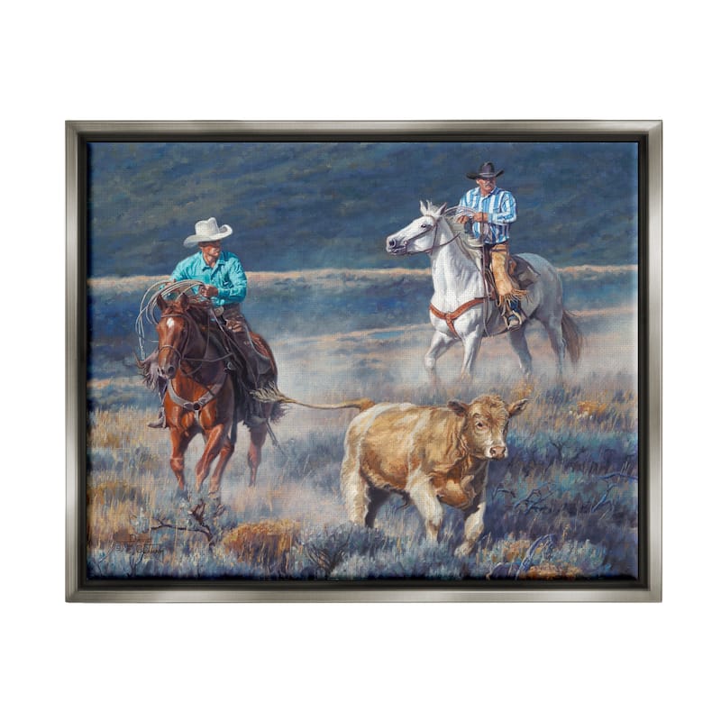 Stupell Cowboys Wrangling Cattle Framed Floater Canvas Wall Art Design by David Graham - 21 x 17 - Grey