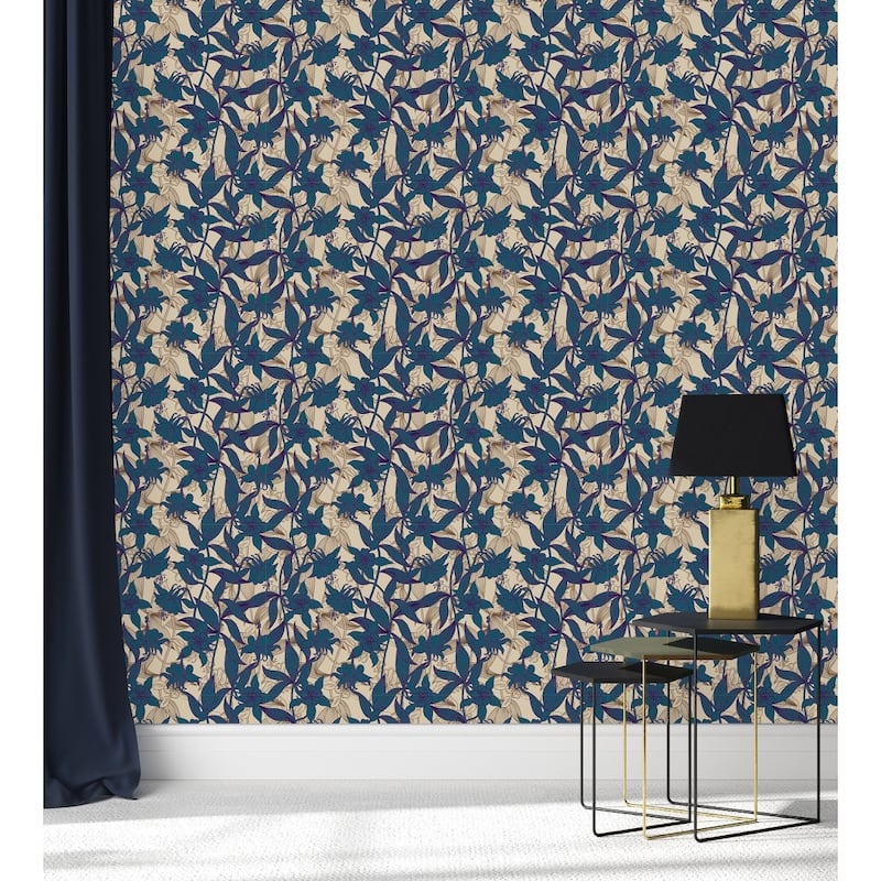 Dark Blue and Beige Floral Wallpaper Peel and Stick and Prepasted - Bed ...