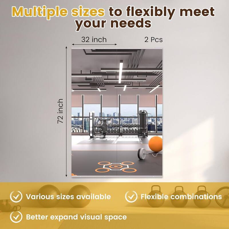 Full Length Tempered Glass Mirror - Rectangular Wall Mirror for Yoga, Gym & Dance Studio(Set of 2/3)