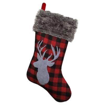 20.5" Red and Black Buffalo Plaid Reindeer Christmas Stocking
