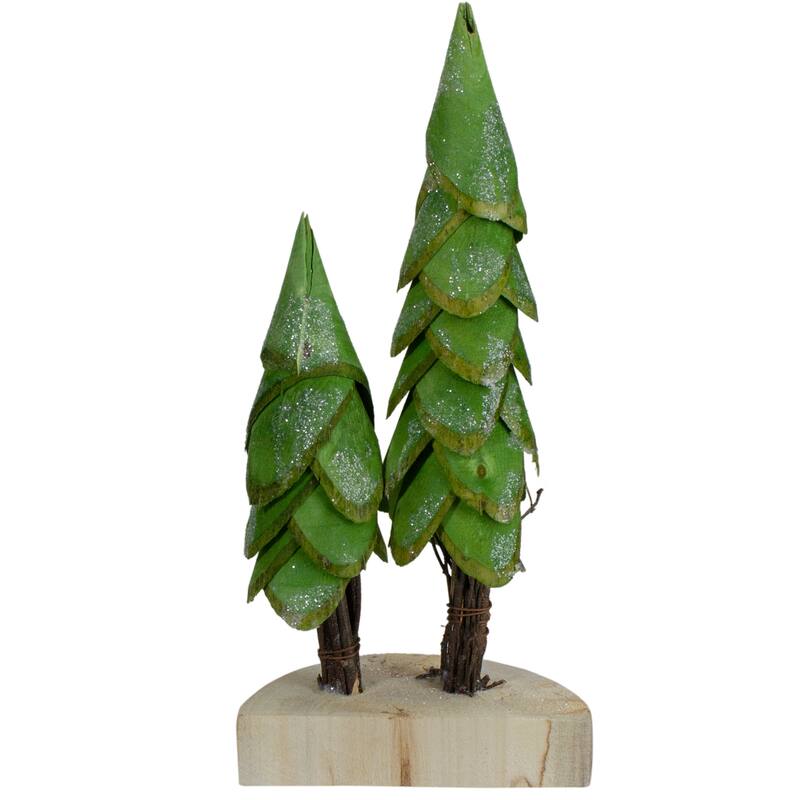 Christmas Trees on a Wooden Base Decoration - 9" - Brown and Green