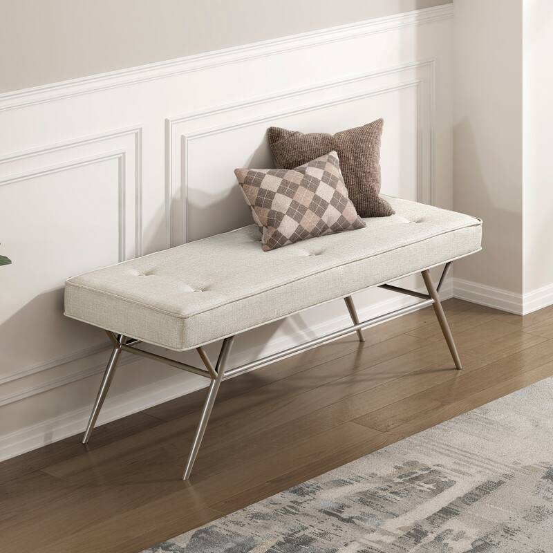 Contemporary Upholstered Bench Beige Tufted Seat Plush Comfort Home Furniture 1pc Entryway Bench Metal Legs Champagne Finish - Beige,Champagne