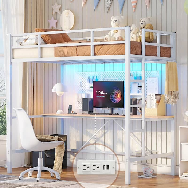 Loft Bed with Desk Gaming Bunk Bed LED Lights Charging Station