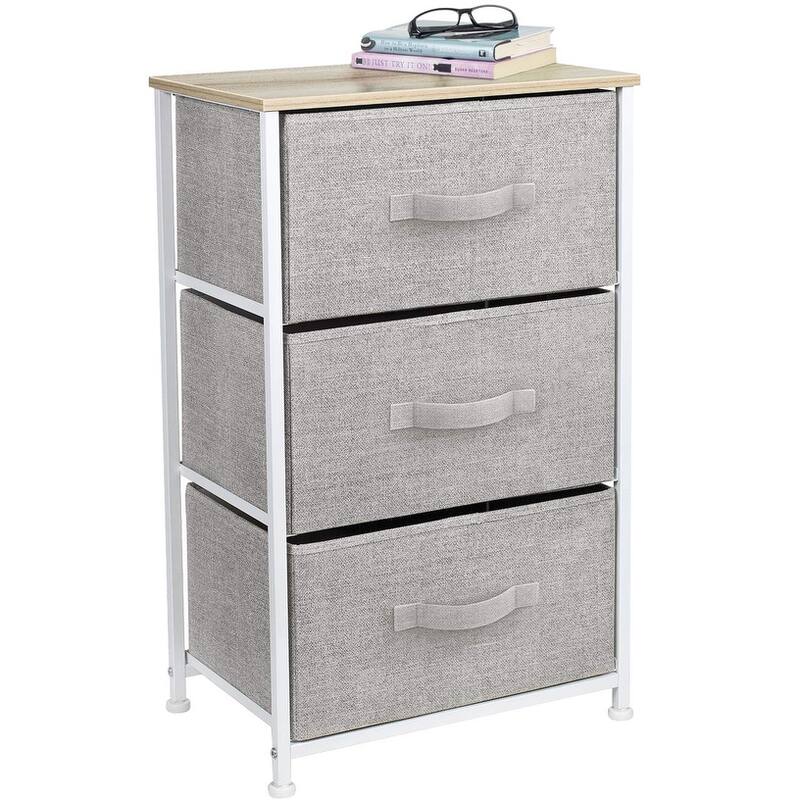 3 Drawer Nightstand Dresser Organizer Steel Frame Wood Top Fabric Bins
