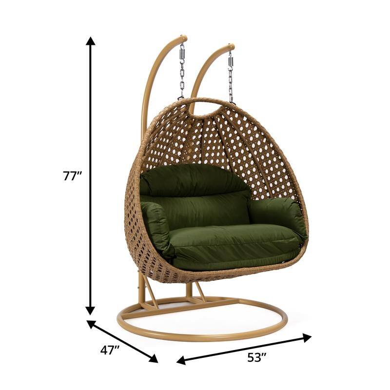 LeisureMod Mendoza 2-Person Hanging Egg Swing Chair - Handcrafted Light Brown Wicker, Patio Hammock Lounger with Cushions - 53"