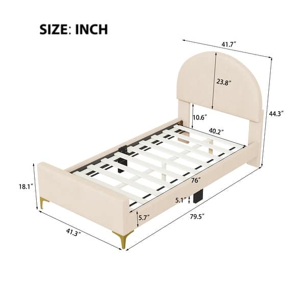 dimension image slide 2 of 6, Bedroom Velvet Fabric Bed Frame with Classic Semi-circle Shaped Headboard and Metal Legs, Upholstered Platform Bed for Kids