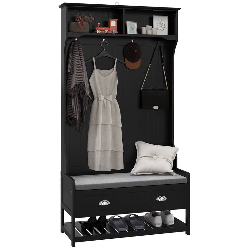HOMCOM Coat Rack and Bench Hall Tree Organizer with 4 Hooks, 2 Drawers with Padded Seat Cushions for Entryway, Black