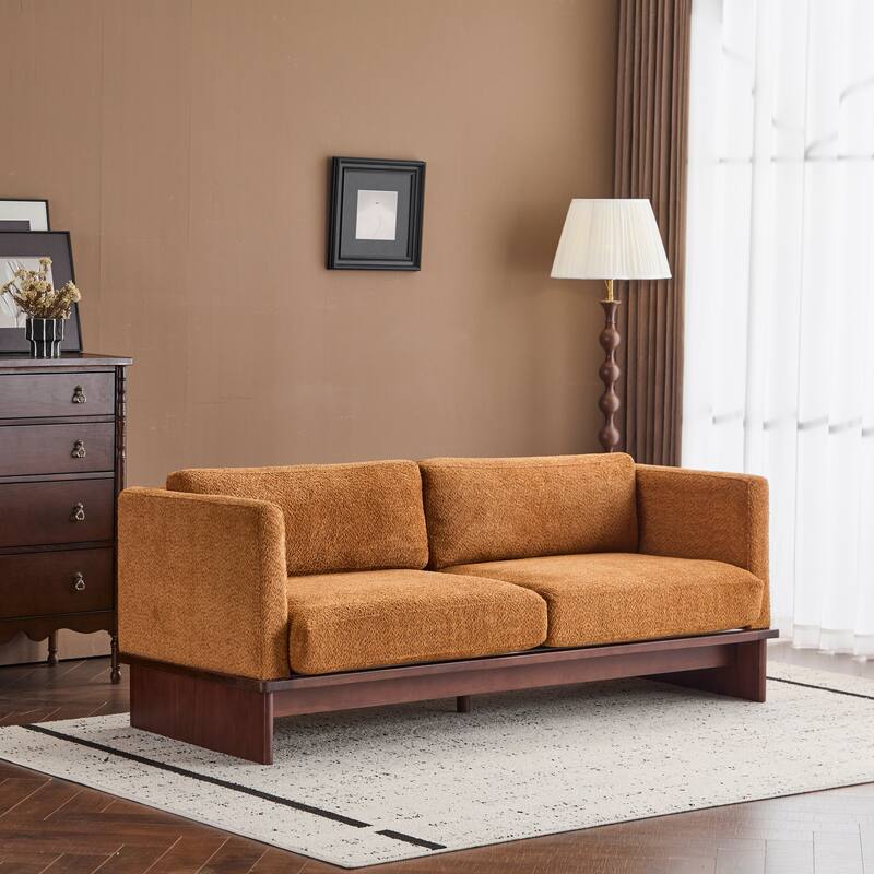 77 inch Square Arm Modern 3 Seater Boucle Sofa Upholstered Couch with Solid Wood Base - Camel