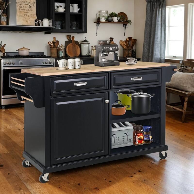 Natural Wood Kitchen Cart, Kitchen Island with Storage for Dinning Room, Black - N/A