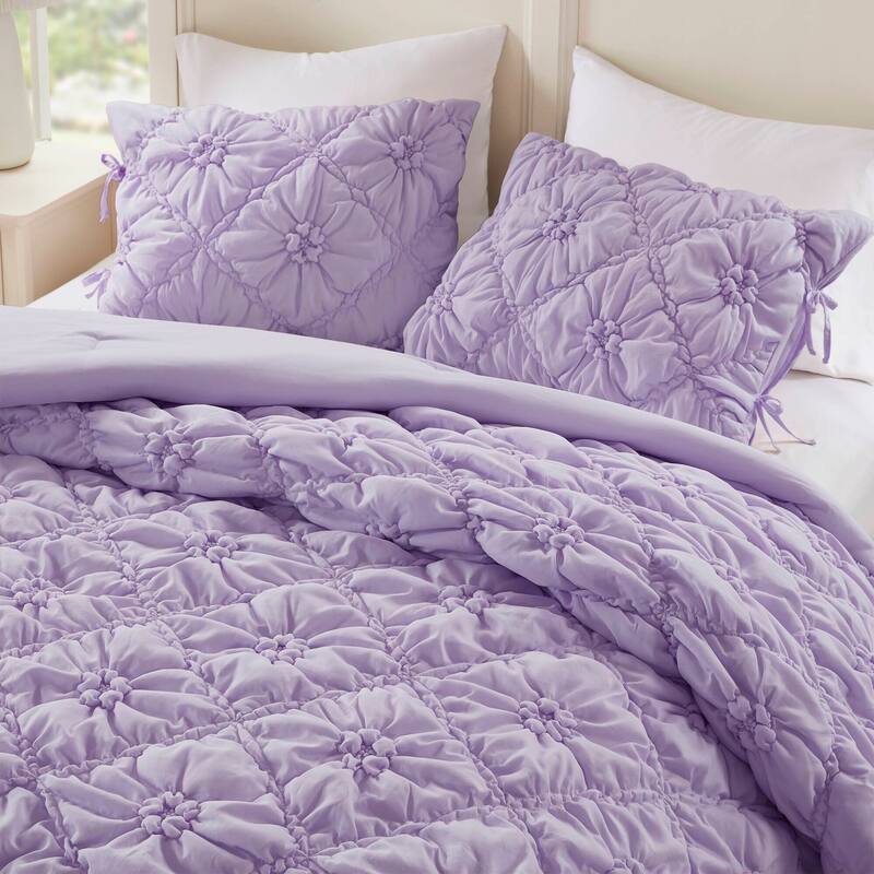 3PCS Full/Queen Textured Floral Comforter Set with Shams Puffy Design All Season Comfort