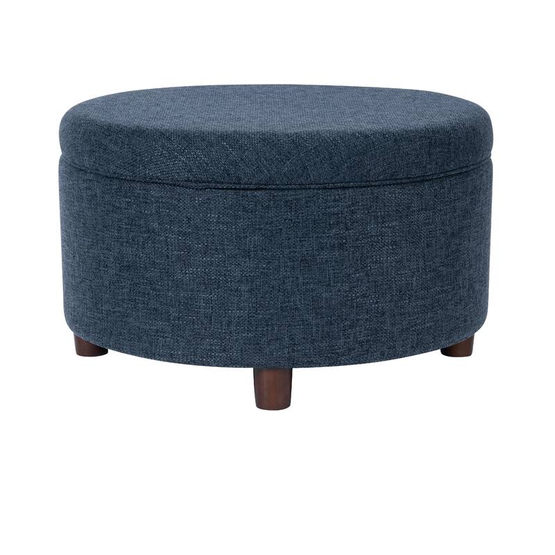 Modern Storage Ottoman, 28 Inch Round Lift Top, Navy Blue Woven Fabric
