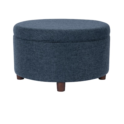 Modern Storage Ottoman, 28 Inch Round Lift Top, Navy Blue Woven Fabric