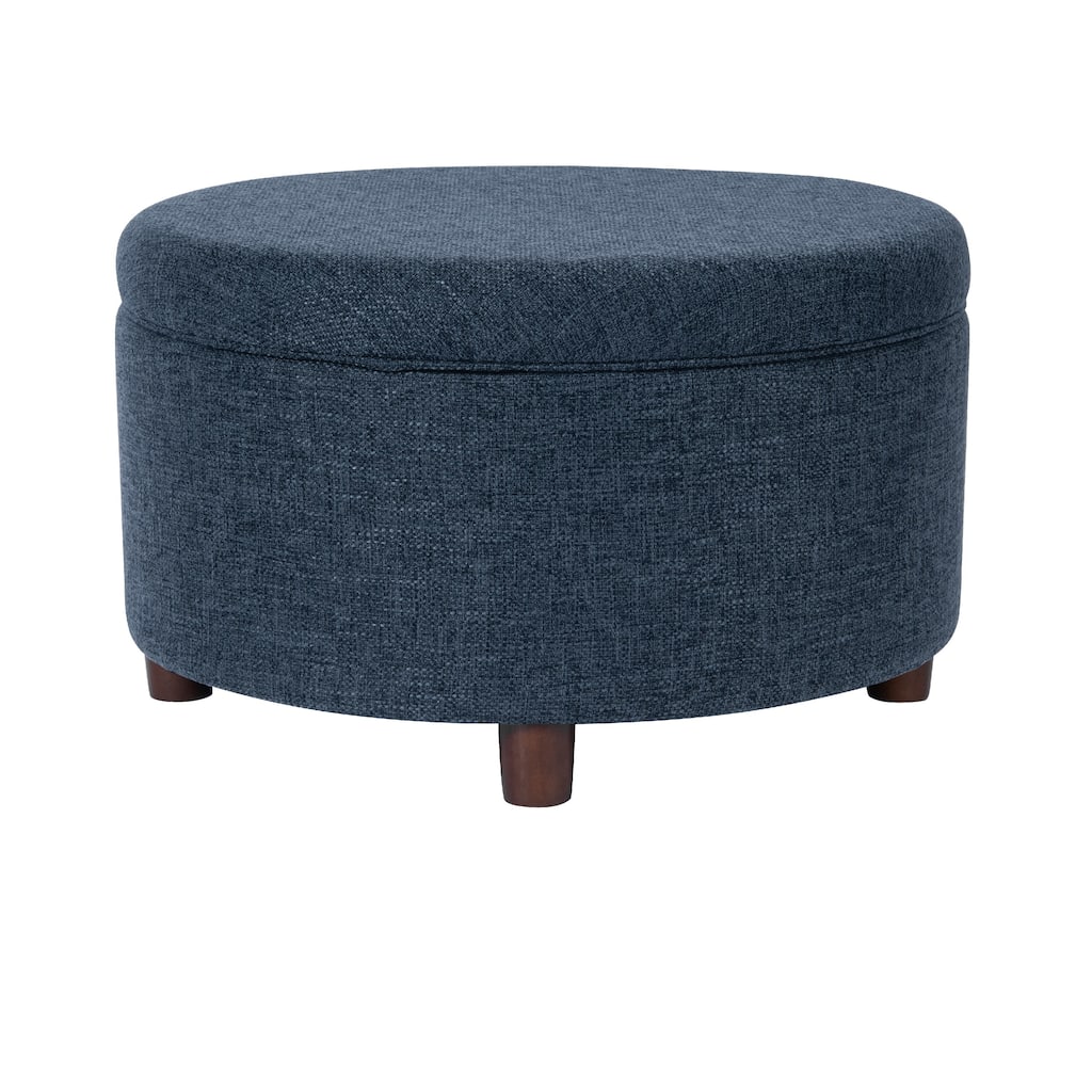 Modern Storage Ottoman, 28 Inch Round Lift Top, Navy Blue Woven Fabric