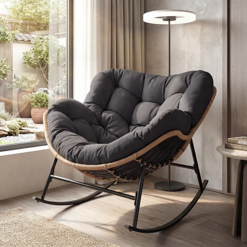 FINCATI Indoor Outdoor Royal Papasan Rocking Chair, 450 lbs Capacity Outdoor Papasan Rocking Chair with Padded Cushion