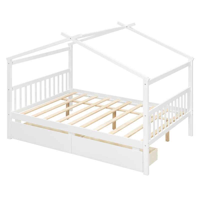 Creativity House Bed Full Size Frame with 2 Wood Drawers for Boys Girls, Wood Platform Bed with Roof No Box Spring Needed